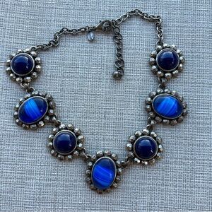 Chico's Heavy Gray Tone Necklace Oval Faux Blue Stones Statement 18"